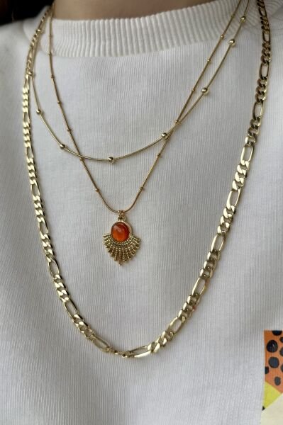 Turuncu Sedefli Taş Detay Vintage Çelik Kolye 45 cm