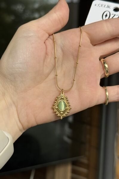 Oval Taş Detay İşlemeli Vintage Çelik Kolye 45 cm Yeşil