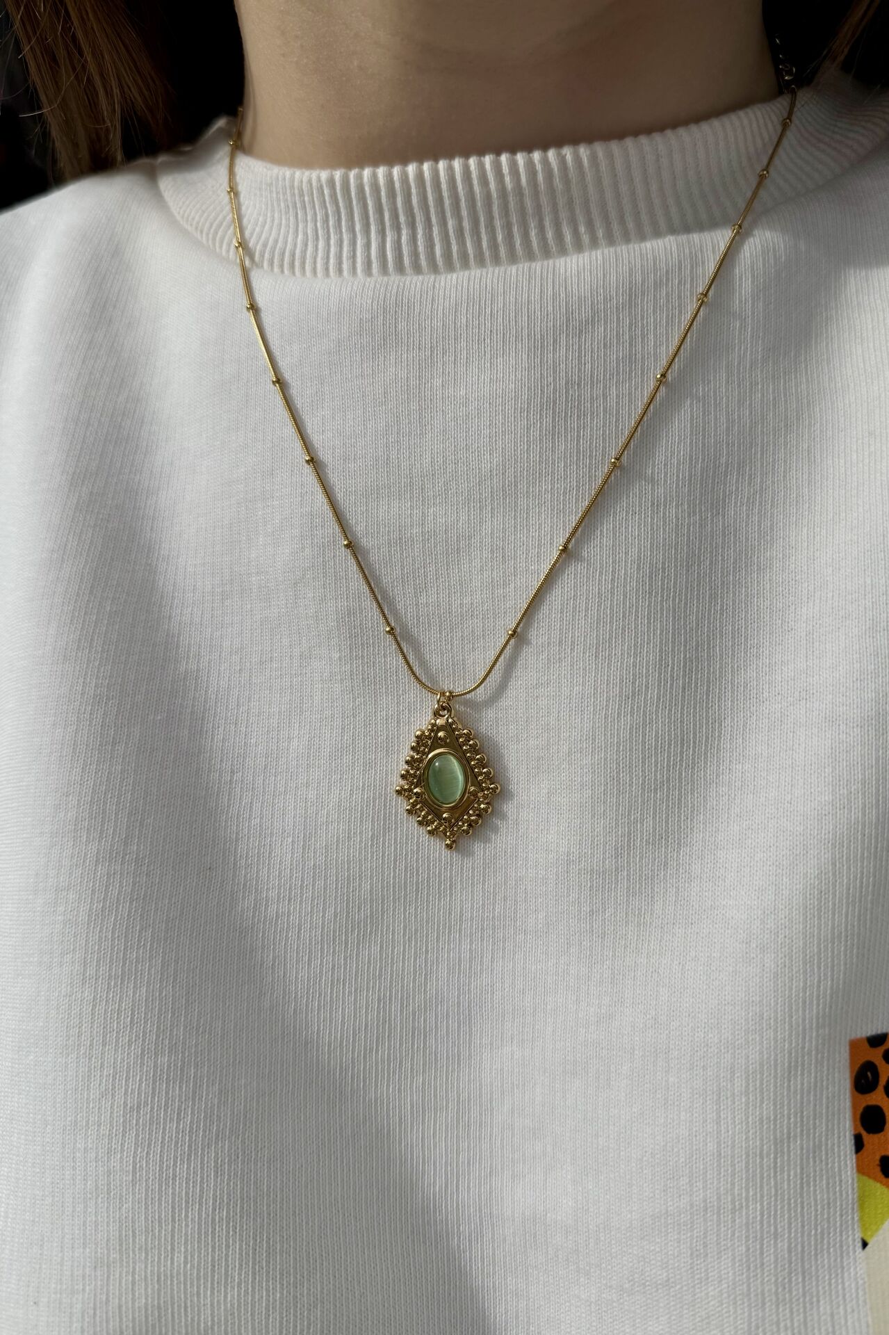 Oval Taş Detay İşlemeli Vintage Çelik Kolye 45 cm Yeşil