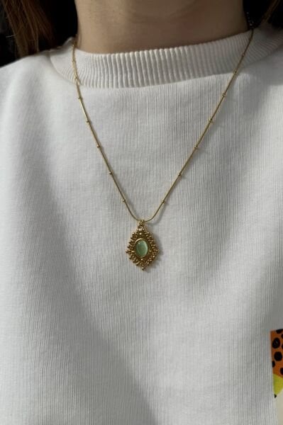Oval Taş Detay İşlemeli Vintage Çelik Kolye 45 cm Yeşil