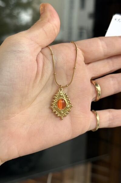 Oval Taş Detay İşlemeli Vintage Çelik Kolye 45 cm Turuncu