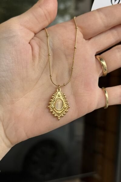 Oval Taş Detay İşlemeli Vintage Çelik Kolye 45 cm Krem