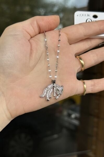 Gömme Taşlı Kedi Uçlu Çelik Kolye 45 cm Gümüş Renk