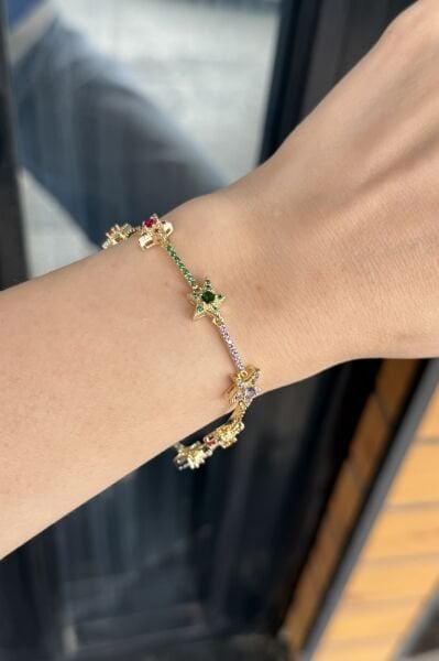 Renkli Zirkon Taş İşlemeli Yıldız Detay Bileklik 17 + 2 cm