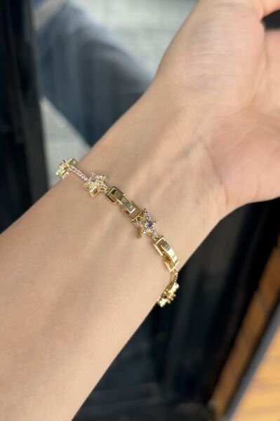 Renkli Zirkon Taş İşlemeli Yıldız Detay Bileklik 17 + 2 cm