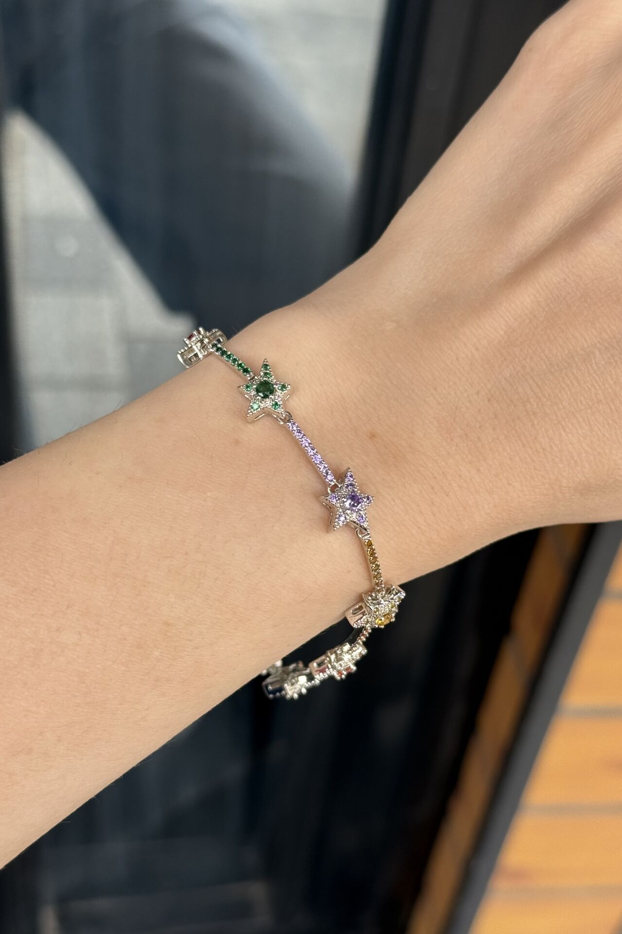 Renkli Zirkon Taş İşlemeli Yıldız Detay Bileklik 17 + 2 cm Gümüş Renk