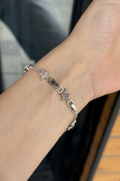 Renkli Zirkon Taş İşlemeli Yıldız Detay Bileklik 17 + 2 cm Gümüş Renk