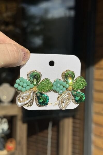 Kristal ve Taş İşlemeli Çiçek Küpe Yeşil