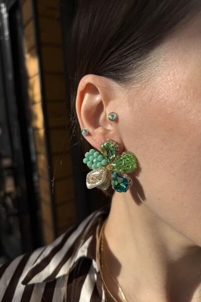 Kristal ve Taş İşlemeli Çiçek Küpe Yeşil