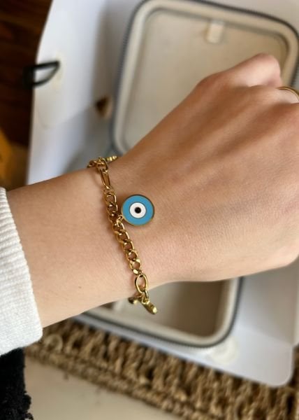 Çelik Nazar Boncuk Detaylı Charm Zincir Bileklik 16 + 4 cm