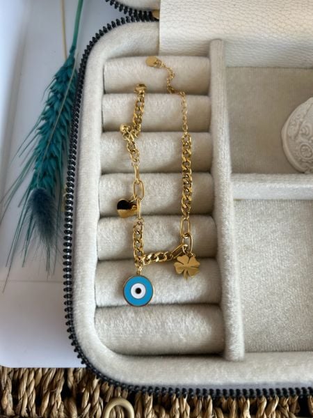 Çelik Nazar Boncuk Detaylı Charm Zincir Bileklik 16 + 4 cm