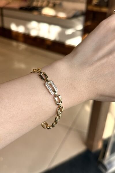 VIP Orta Kemeri Gömme Taşlı Oval Zincir Bileklik 17 + 2 cm