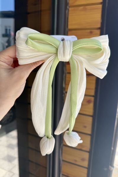 Laleli Saten Fiyonk Otomatik Toka Krem