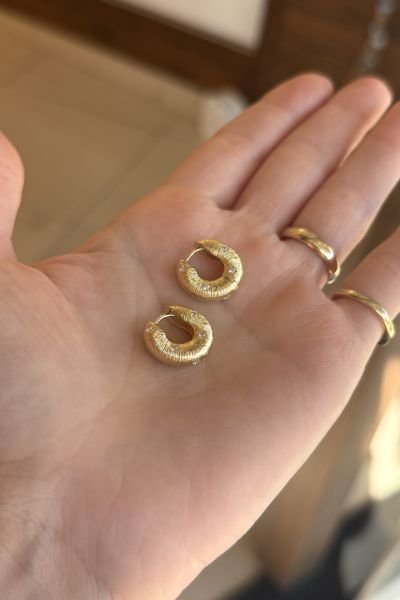 VIP Gömme Yıldız Taşlı İşlemeli Halka Küpe 14K