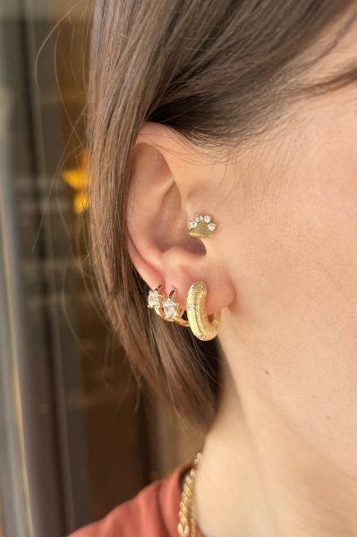 VIP Gömme Yıldız Taşlı İşlemeli Halka Küpe 14K