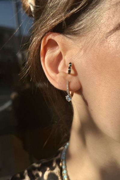 VIP Sıra Taş Detaylı Tek Taş Model Oval Halka Küpe 14K