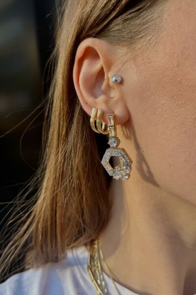 Zirkon Taş İşlemeli Altıgen Küpe 14K