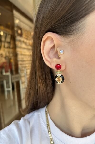 Siyah Mineli Renkli Zirkon Taş İşleme Sallantılı Küpe