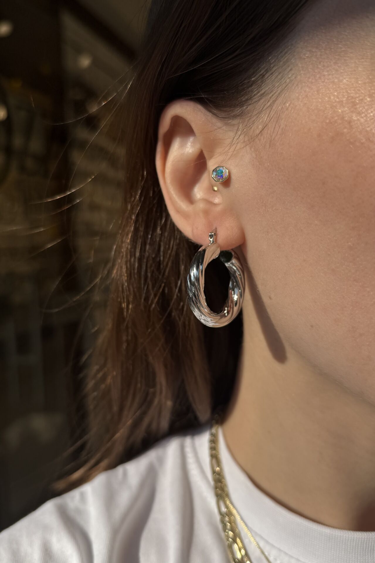 Burgulu Kalın Halka Küpe Orta Gümüş Renk