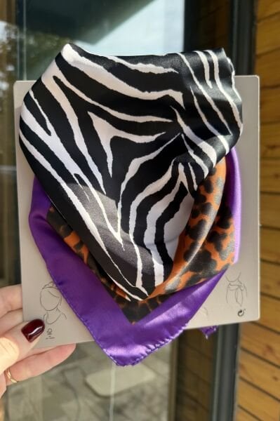 Mor Çerçeveli Zebra Desen Kare Fular