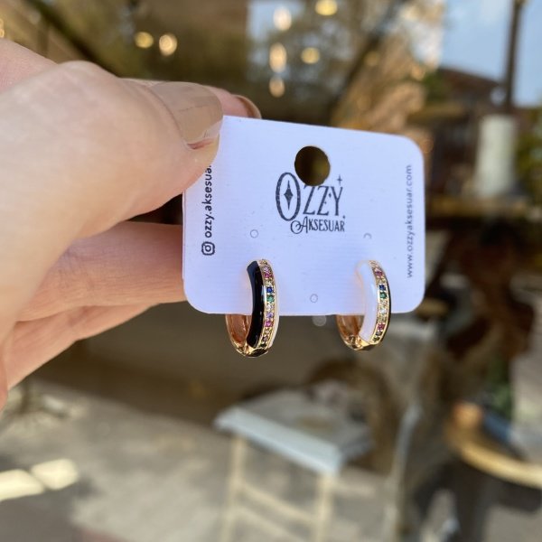 Mix Taşlı Siyah Beyaz Mineli Halka Küpe