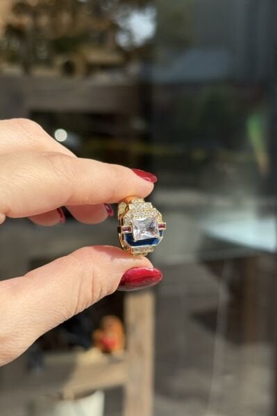 Çift Renk Mineli Baget Taşlı Ayarlanabilir Yüzük 14K