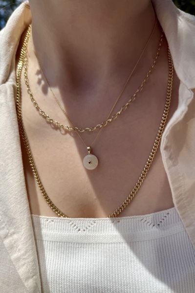 VIP Fuşya Taşlı Güneş Detay Krem Mineli Kolye 45 cm 14K