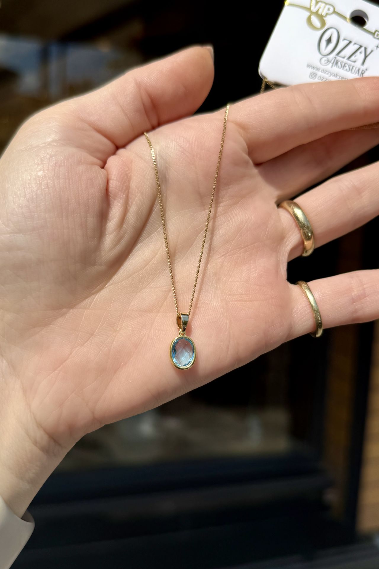 VIP Kristal Mavi Taşlı Kolye 45 cm 14K