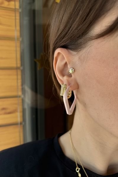 Soft Renk Mineli Kare Halka Küpe Pembe