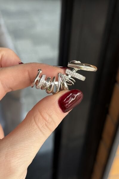 Gömme Taş Detaylı Çoklu Görünüm Kıkırdak Sıkıştırma Küpe Sağ Kulak Uyumlu Gümüş Renk