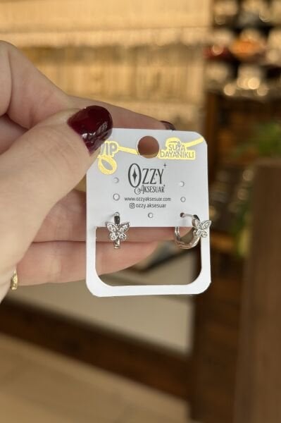 VIP Taş İşlemeli Kelebek Detay Halka Küpe Gümüş Renk