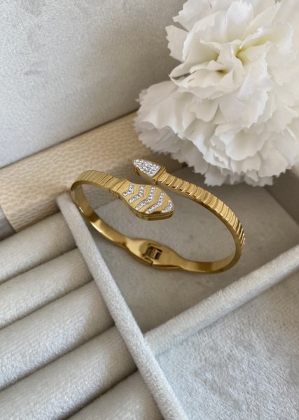 Çelik Dalga Taş Detaylı Yılan Kelepçe Bileklik