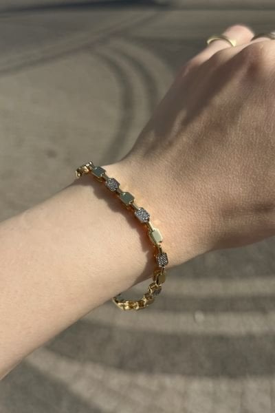 VIP Aralıklı Gömme Taş İşlemeli Yassı Petek Bileklik 14K 17 + 2 cm