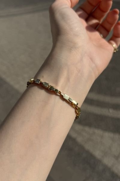 VIP Aralıklı Gömme Taş İşlemeli Yassı Petek Bileklik 14K 17 + 2 cm