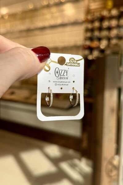 VIP Önü Sıra İçi Tek Taşlı Oval Halka Küpe 14K