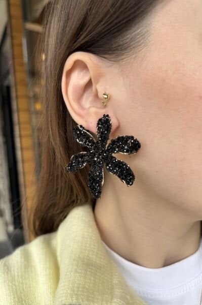 Taşlı Lotus Küpe Siyah Taşlı