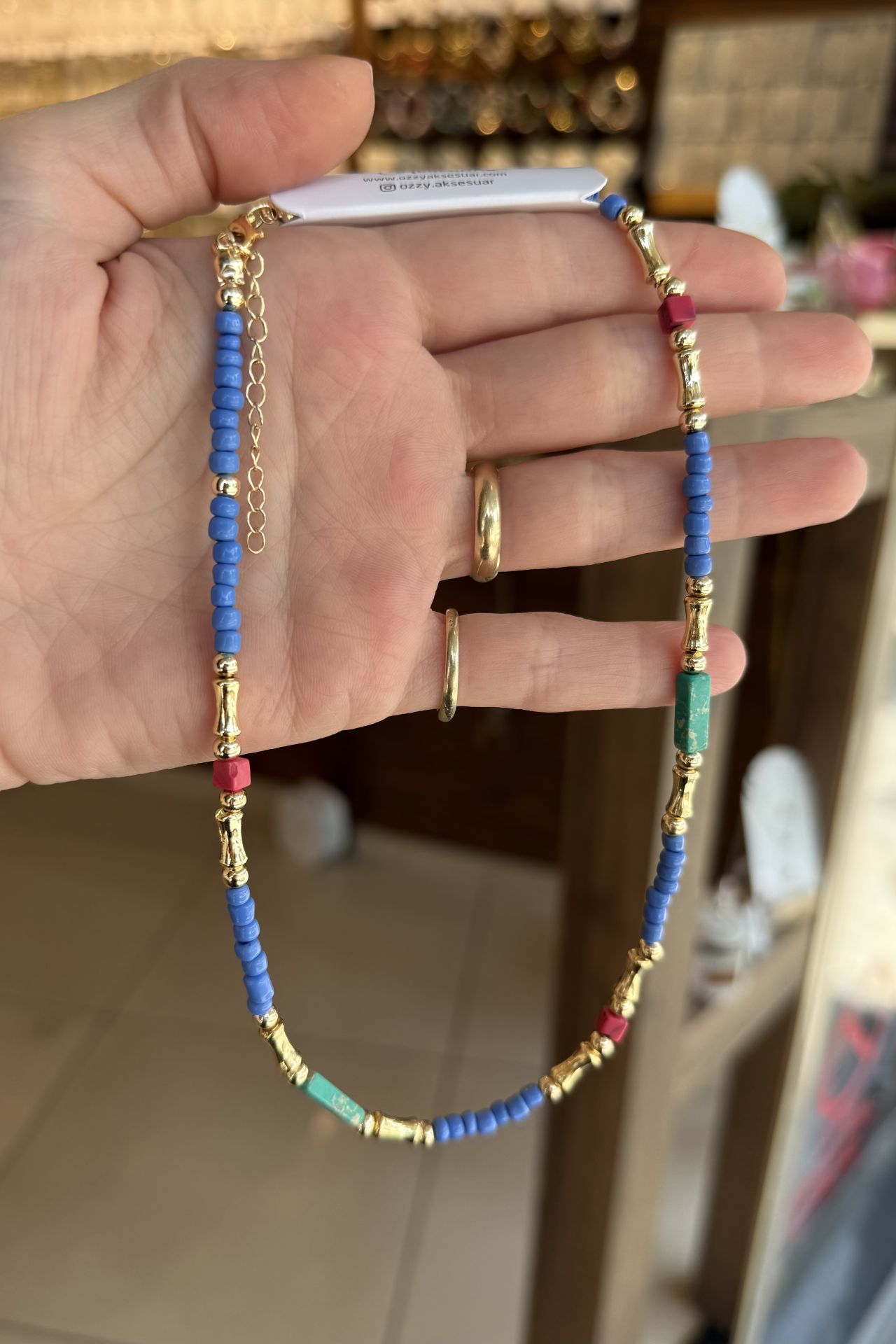 Ozzy Summer Doğal Taşlı Gold Detay Boncuk Kolye