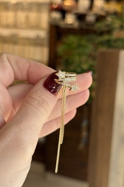 Zincirli Gömme Taşlı Yıldız Detay Model Earcuff Kıkırdak Küpe