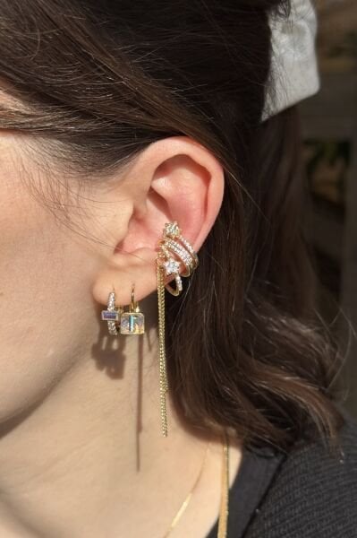 Zincirli Gömme Taşlı Yıldız Detay Model Earcuff Kıkırdak Küpe