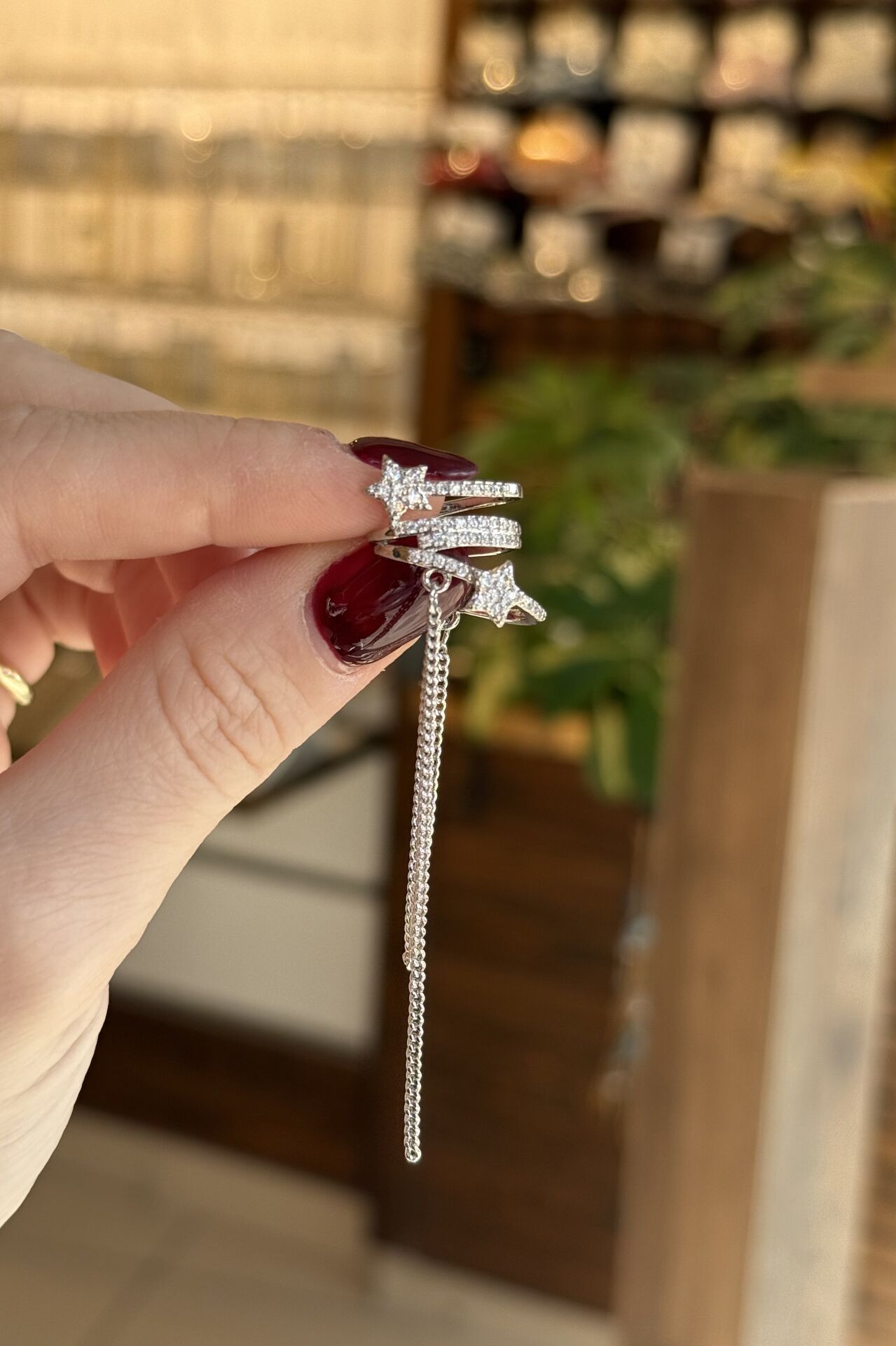 Zincirli Gömme Taşlı Yıldız Detay Model Earcuff Kıkırdak Küpe Gümüş Renk