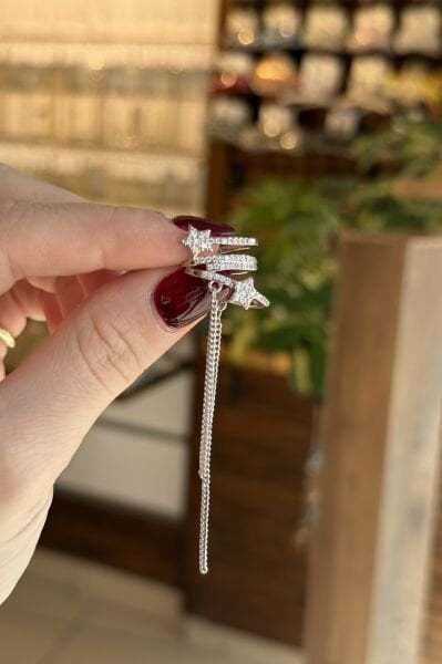 Zincirli Gömme Taşlı Yıldız Detay Model Earcuff Kıkırdak Küpe Gümüş Renk