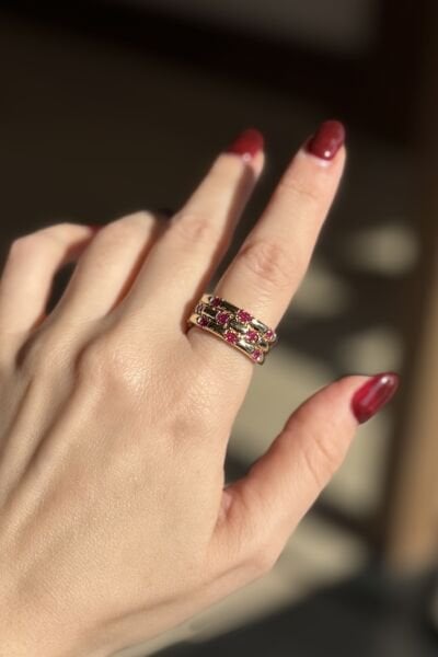 Gömme Taş İşlemeli 3 Sıra Bombe Model Ayarlanabilir Yüzük Fuşya Taşlı