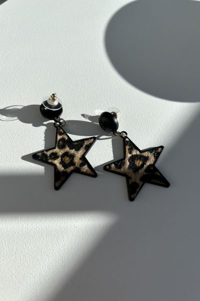 Yıldız Sallantılı Leopar Küpe Siyah