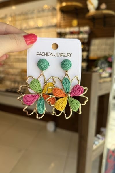 Hasır Örgü Sallantılı Çiçek Küpe Çok Renkli