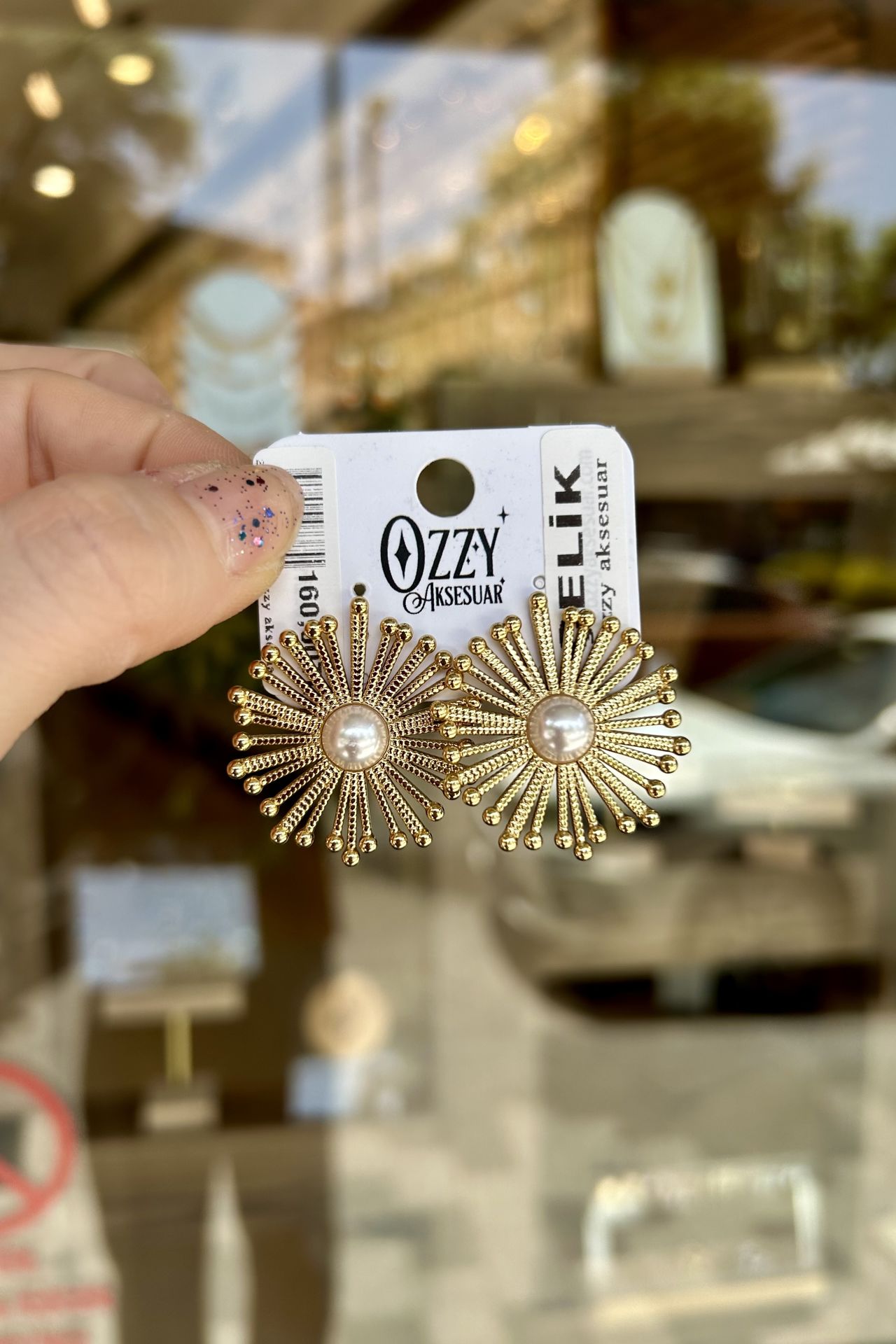 Ortası İncili Vintage Pırıltı Çelik Küpe