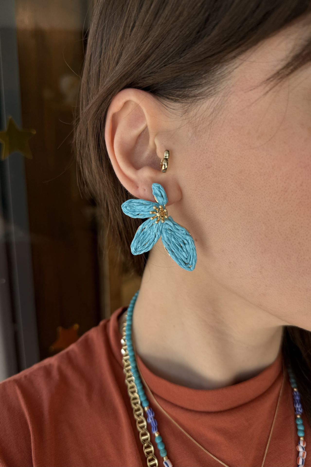 Hasır Örgülü Çiçek Küpe Mavi