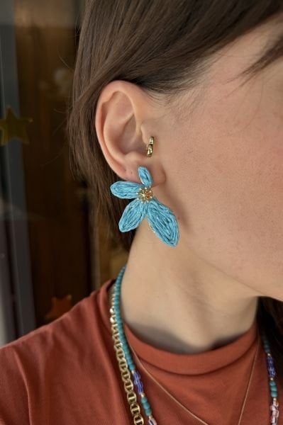 Hasır Örgülü Çiçek Küpe Mavi