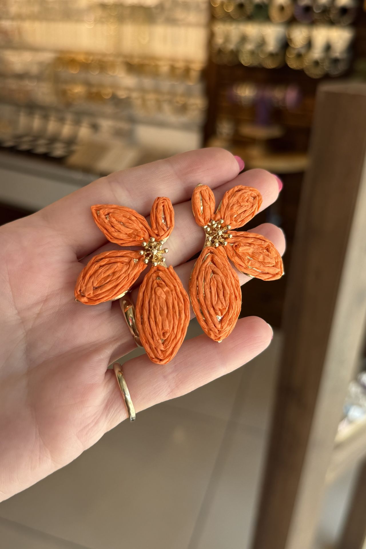 Hasır Örgülü Çiçek Küpe Turuncu