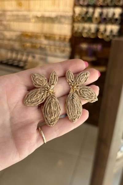 Hasır Örgülü Çiçek Küpe Kahve