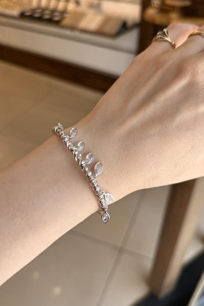 Sıra Arpa Zirkon Taşlı Dorika Detay Bileklik Gümüş Renk